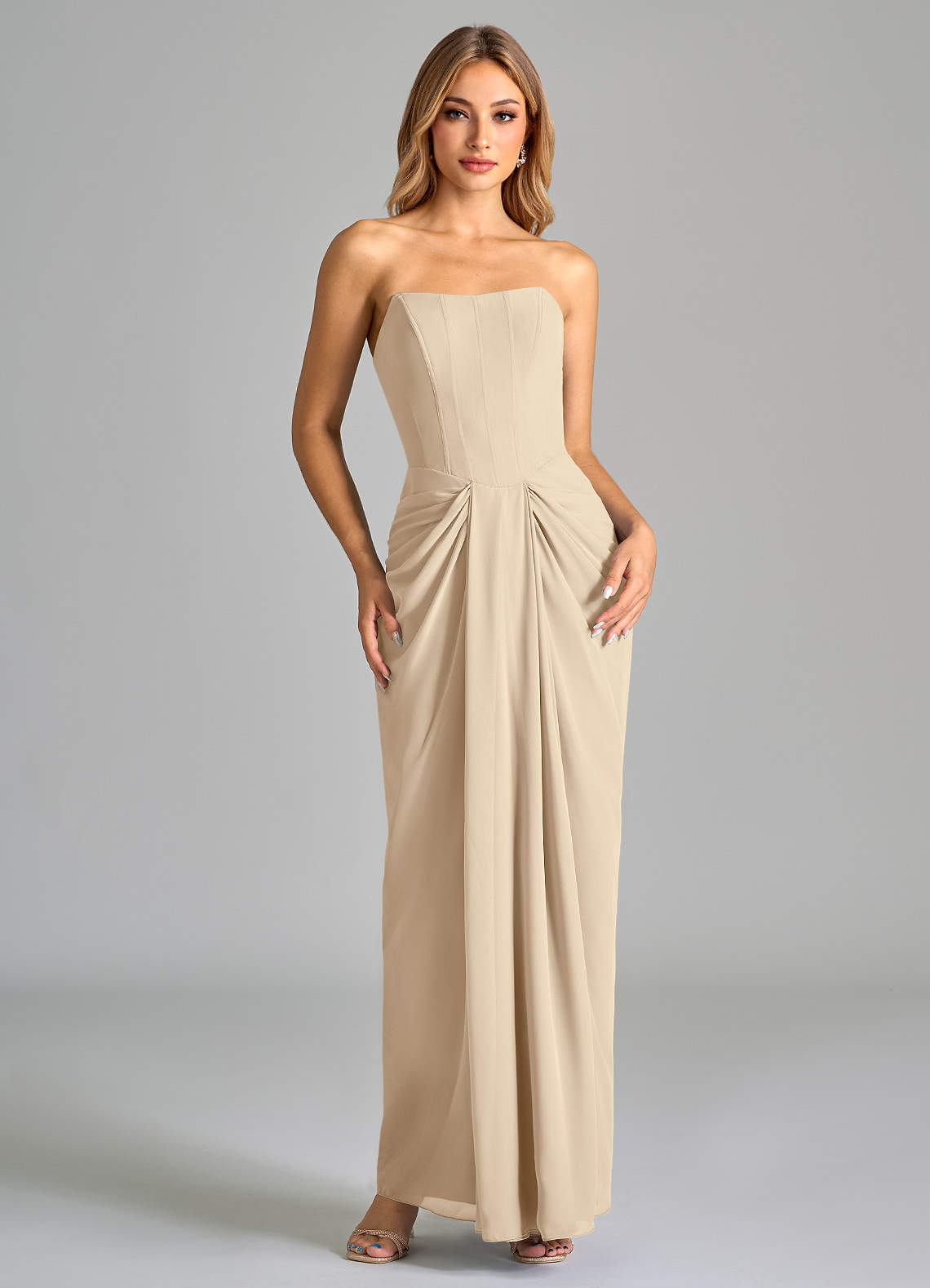 Azazie Anaïs Brautjungfernkleider Etui Schulterfrei Chiffon Kleid Champagner image1