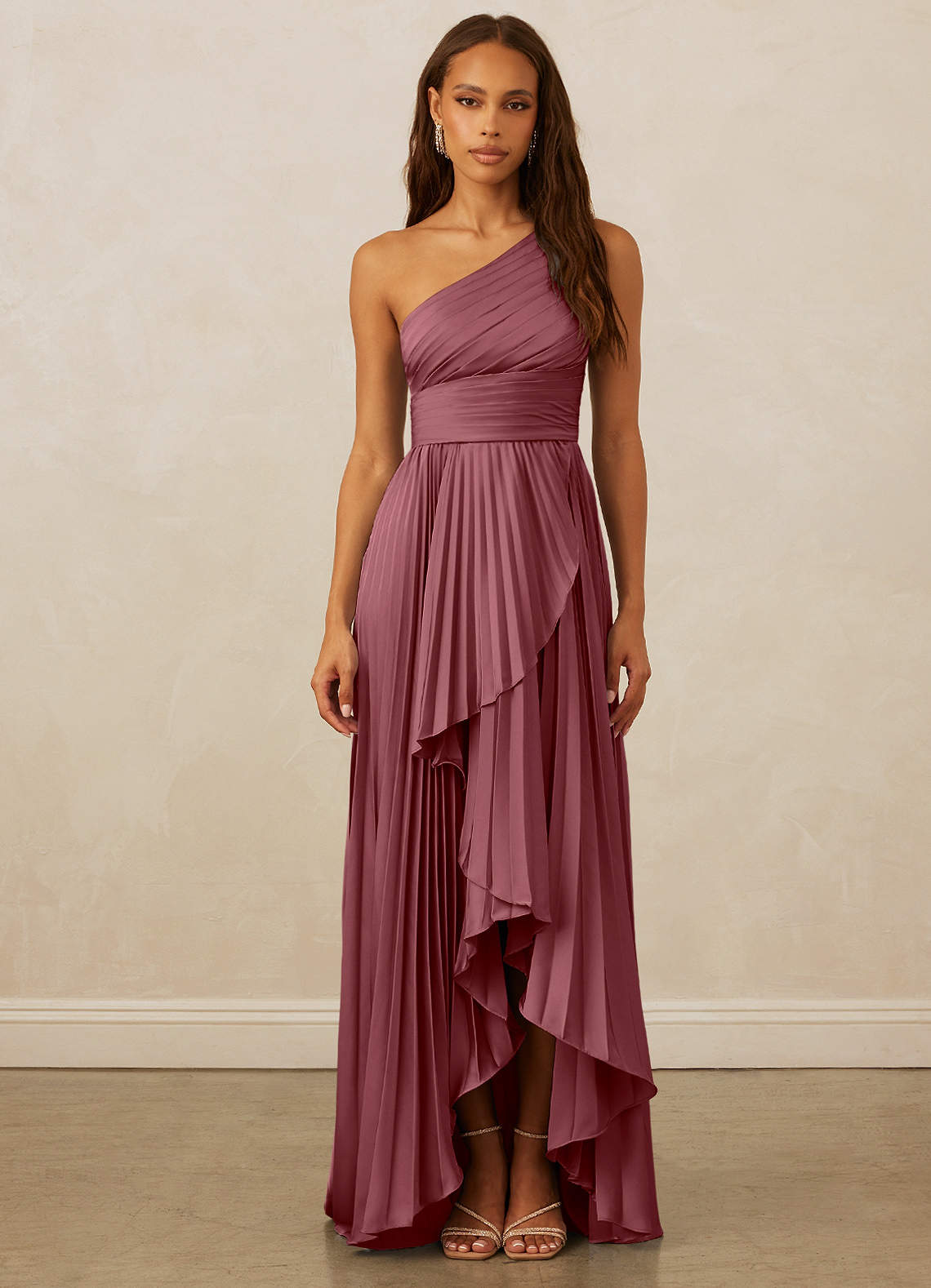 Christian Siriano Bridal for Azazie 1008 Bridesmaid Dresses Desert Rose A-Line One Shoulder Stretch Satin Dress image1