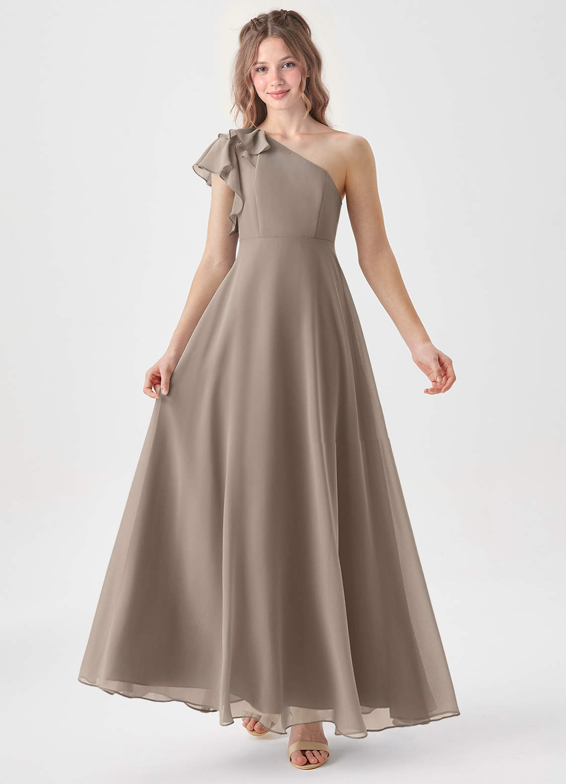 Azazie Arabella Junior Robe Trapèze en Mousseline de soie Rayé Taupe image1