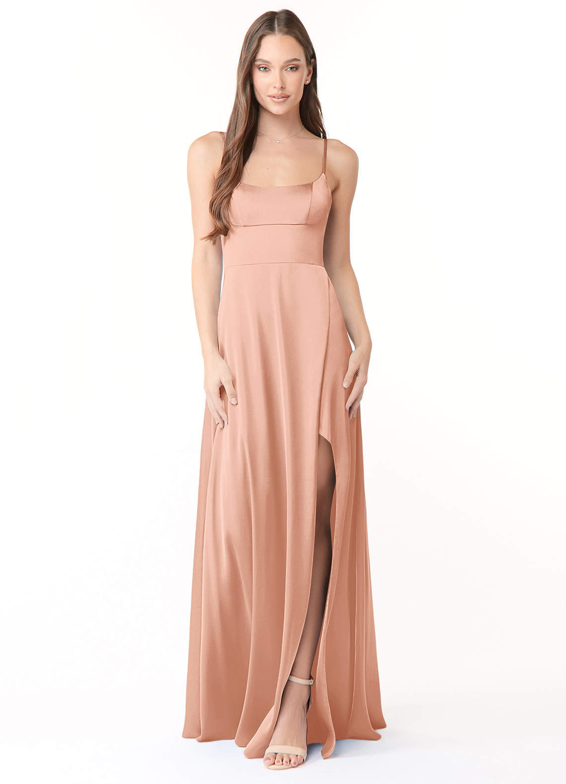 Azazie Halsey Brautjungfernkleider Etui Seitliche Cut-Outs Stretch-Satin Kleid Roségold image1
