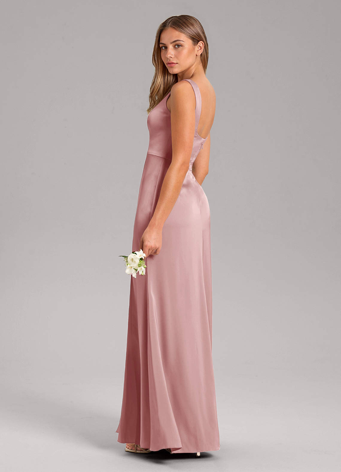 Azazie Frostine Vestidos de madrinha de casamento Vestido Rosa Empoeirada de Cetim elástico de Linha A com Arco image12