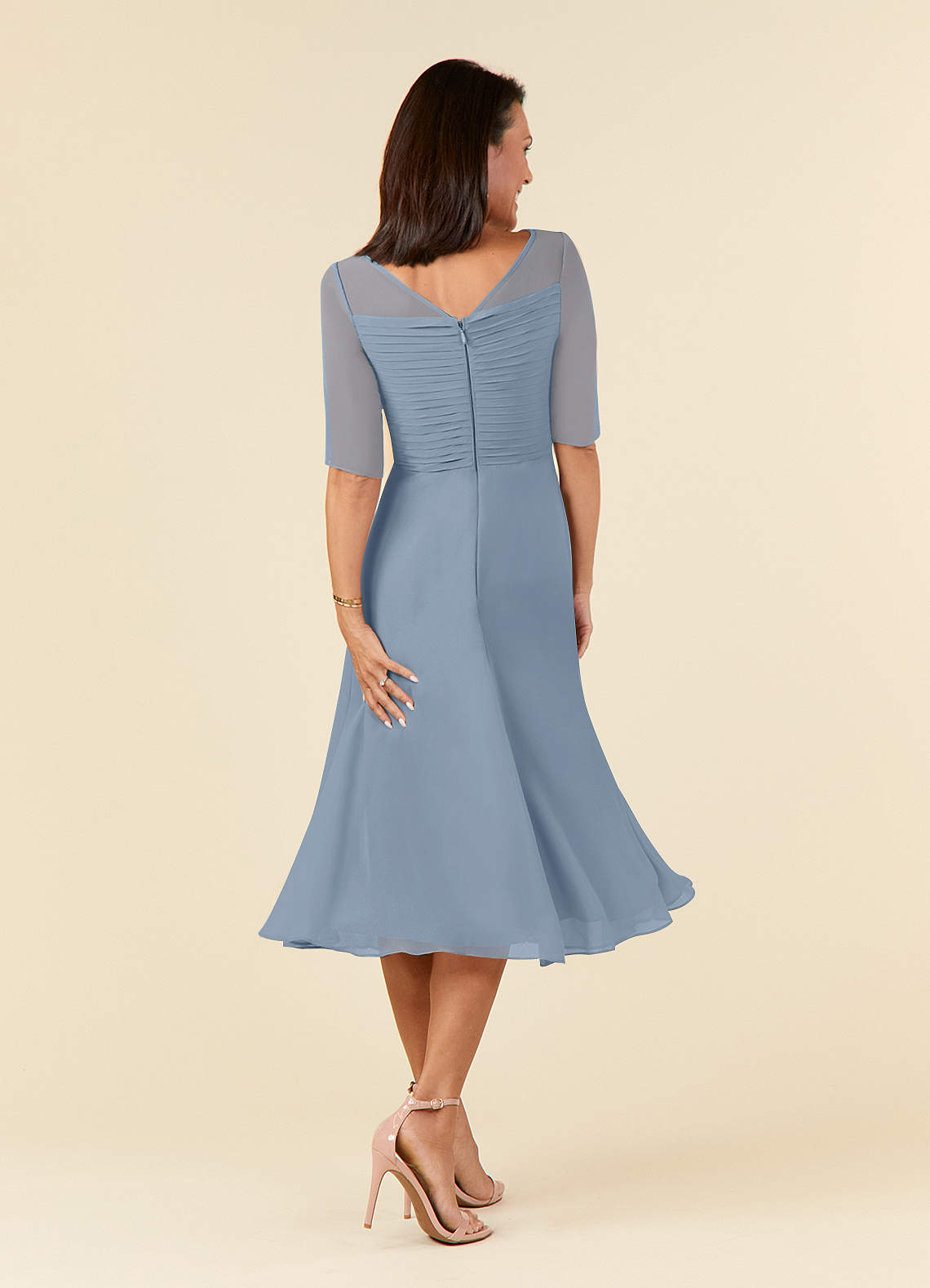 Azazie Naomi Mother of the Bride Dresses Dusty Blue A-Line Boatneck Pleated Chiffon Dress image1