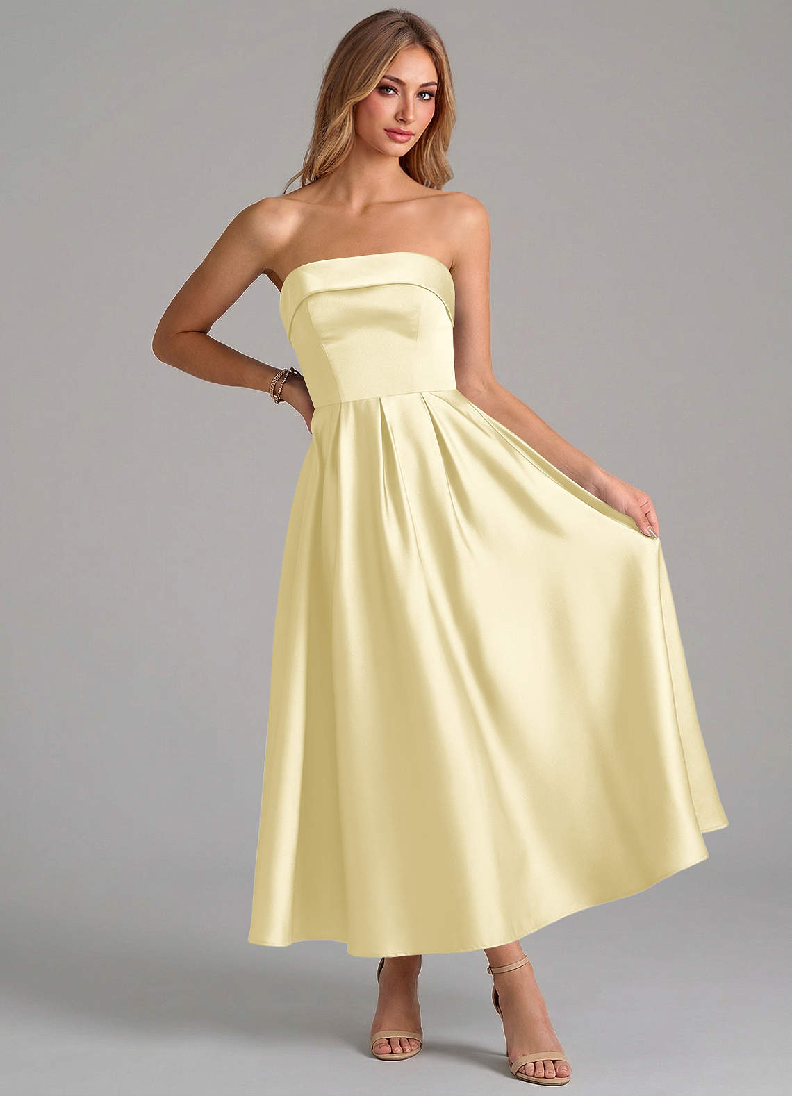 Azazie Lucienne Brudtärnklänningar Klä av A-Linje i Stretch Satin Plisserad Citronsorbet image4