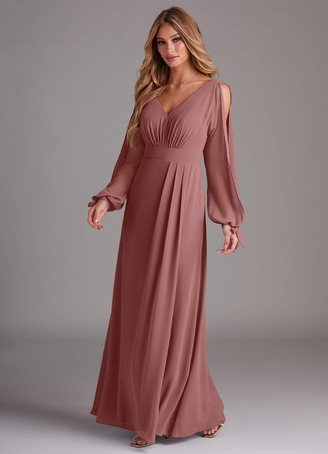 chinese dress ladies Mac Duggal Women's Long Sleeve V Neck Chiffon Gown with 3D Flower - Pink - Size 8 main image 0