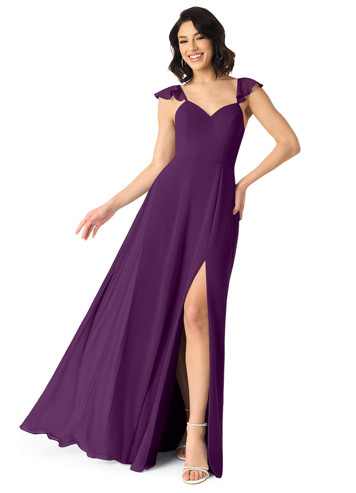 Azazie Everett Brautjungfernkleider A-Linie V-Hals Gerüscht Chiffon Kleid Traube image1
