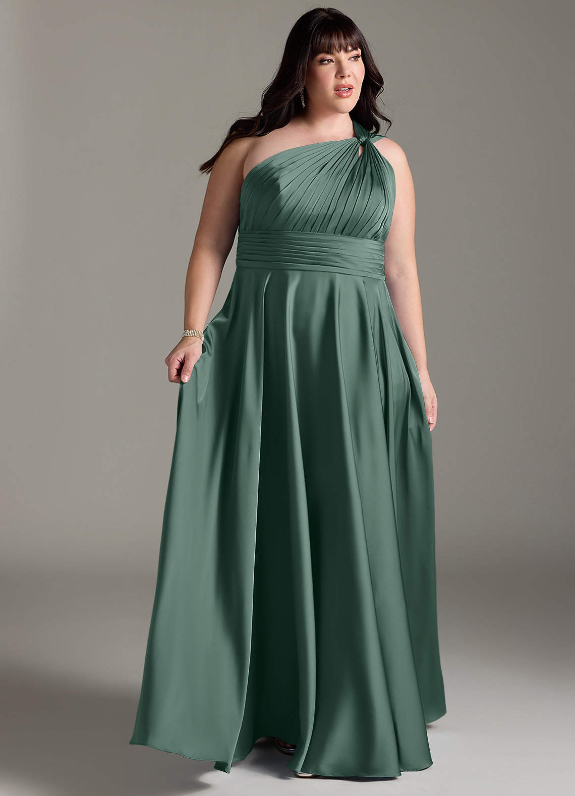 Azazie Charlize Bridesmaid Dresses Eucalyptus A-Line One Shoulder Stretch Satin Dress image10