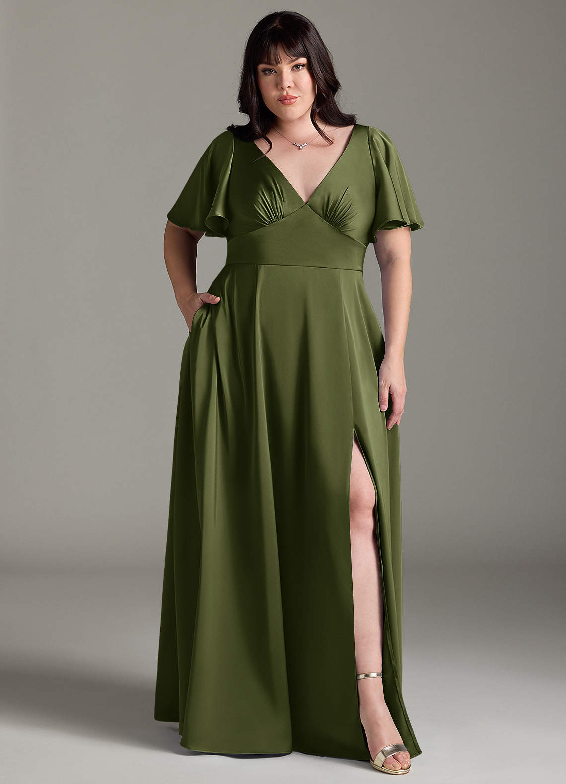 Azazie Kimber Bridesmaid Dresses Olive A-Line Ruched Stretch Satin Dress image6