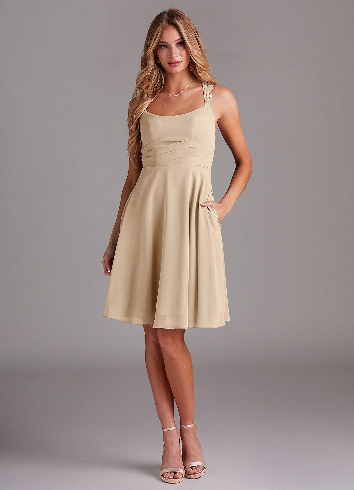 Azazie Vina Bridesmaid Dresses Champagne A-Line Lace Chiffon Dress image1
