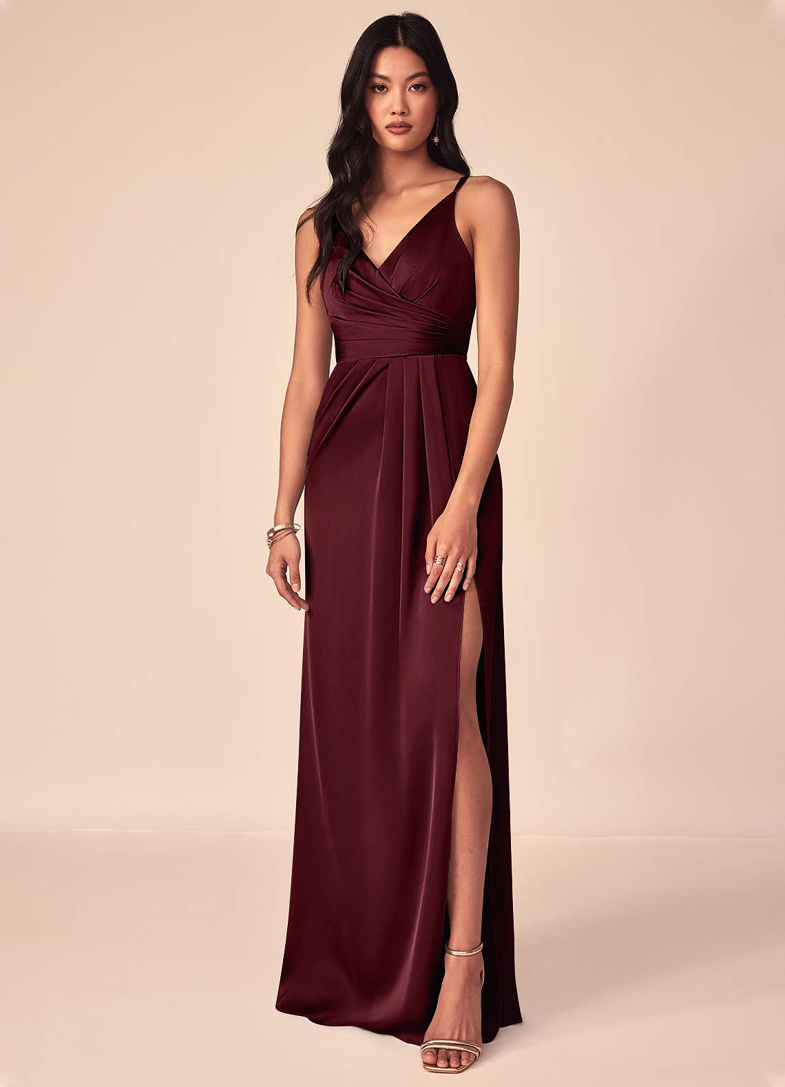 Azazie Aqua Bridesmaid Dresses Cabernet A-Line V-Neck Pleated Stretch Satin Dress image1