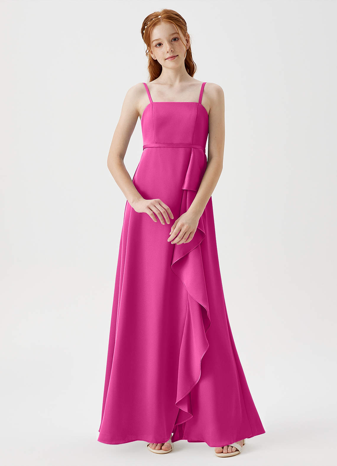 Azazie Kaylee Junior Fuchsia A-Line with Belt Stretch Satin Dress image1