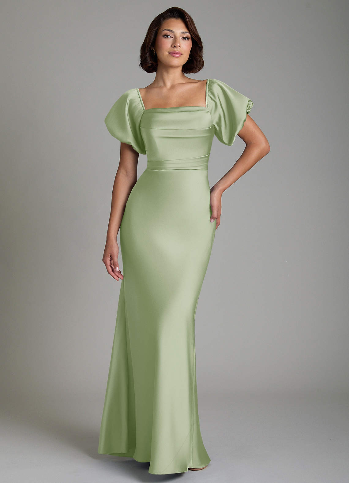 dusty green infinity dress Azazie Lea Sage Stretch Satin Bridesmaid Dresses satin caftan