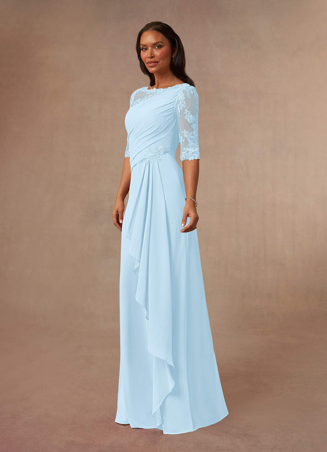 Azazie Dionysus Mother of the Bride Dresses Sky Blue A-Line Boatneck Lace Chiffon Dress image1