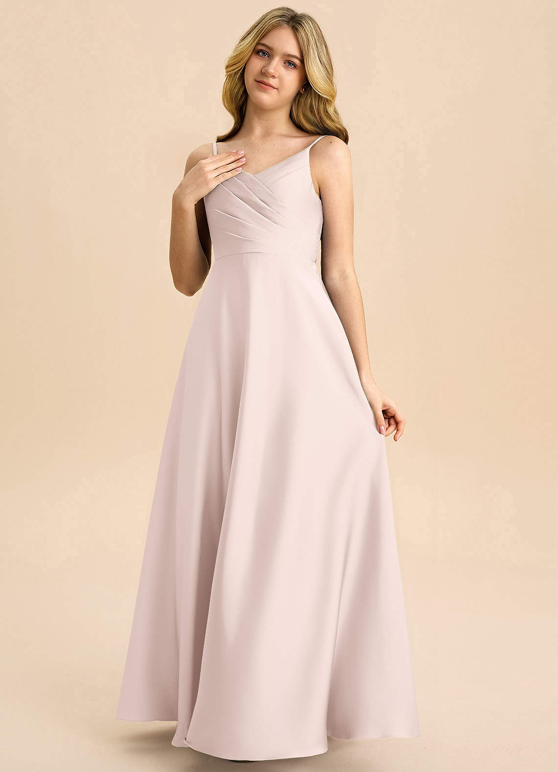 Azazie Bug Junior Linia A Pofałdowany Satyna elastyczna Długość podłogi Młodsza druhna Sukienka image2