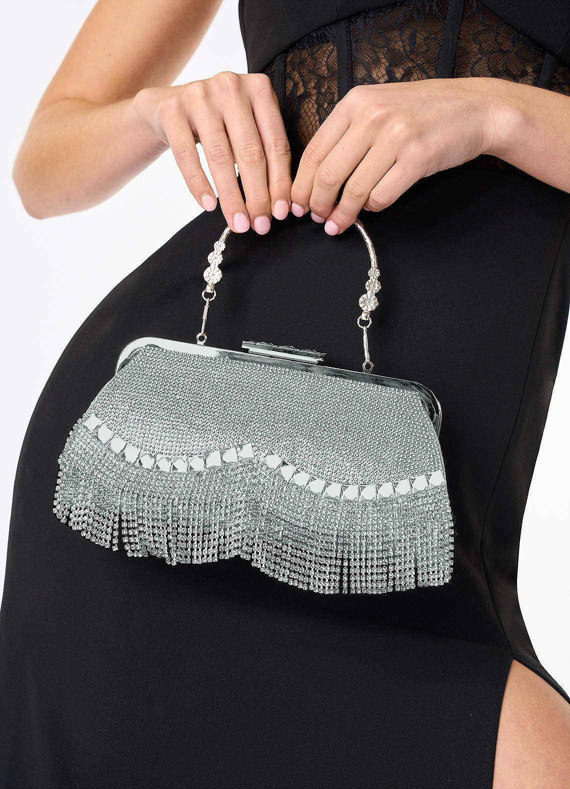 Popular Crystal Silver Clutch Bag With Strap