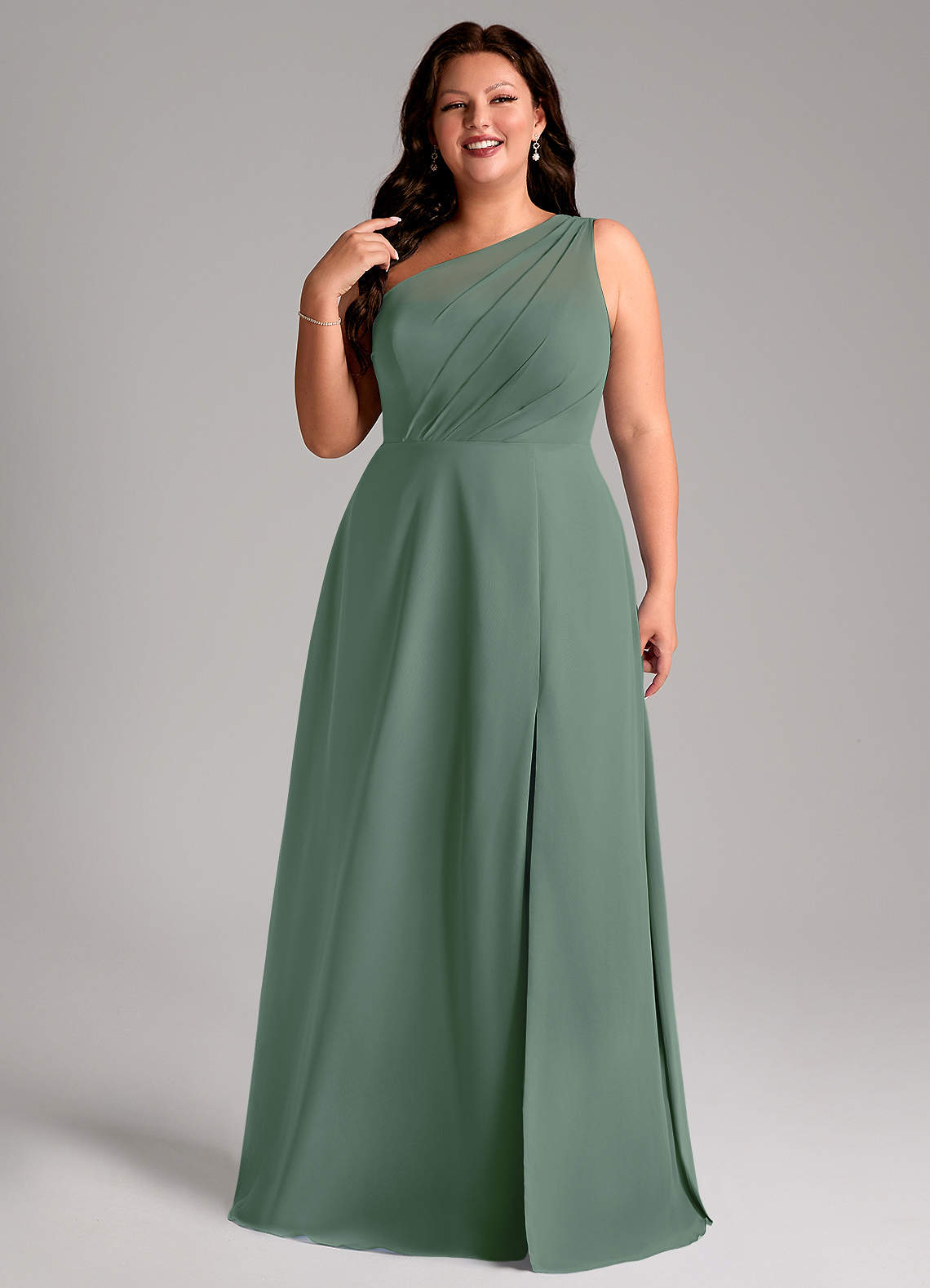 Azazie Phaedra Bridesmaid Dresses Eucalyptus A-Line One Shoulder Chiffon Dress image10