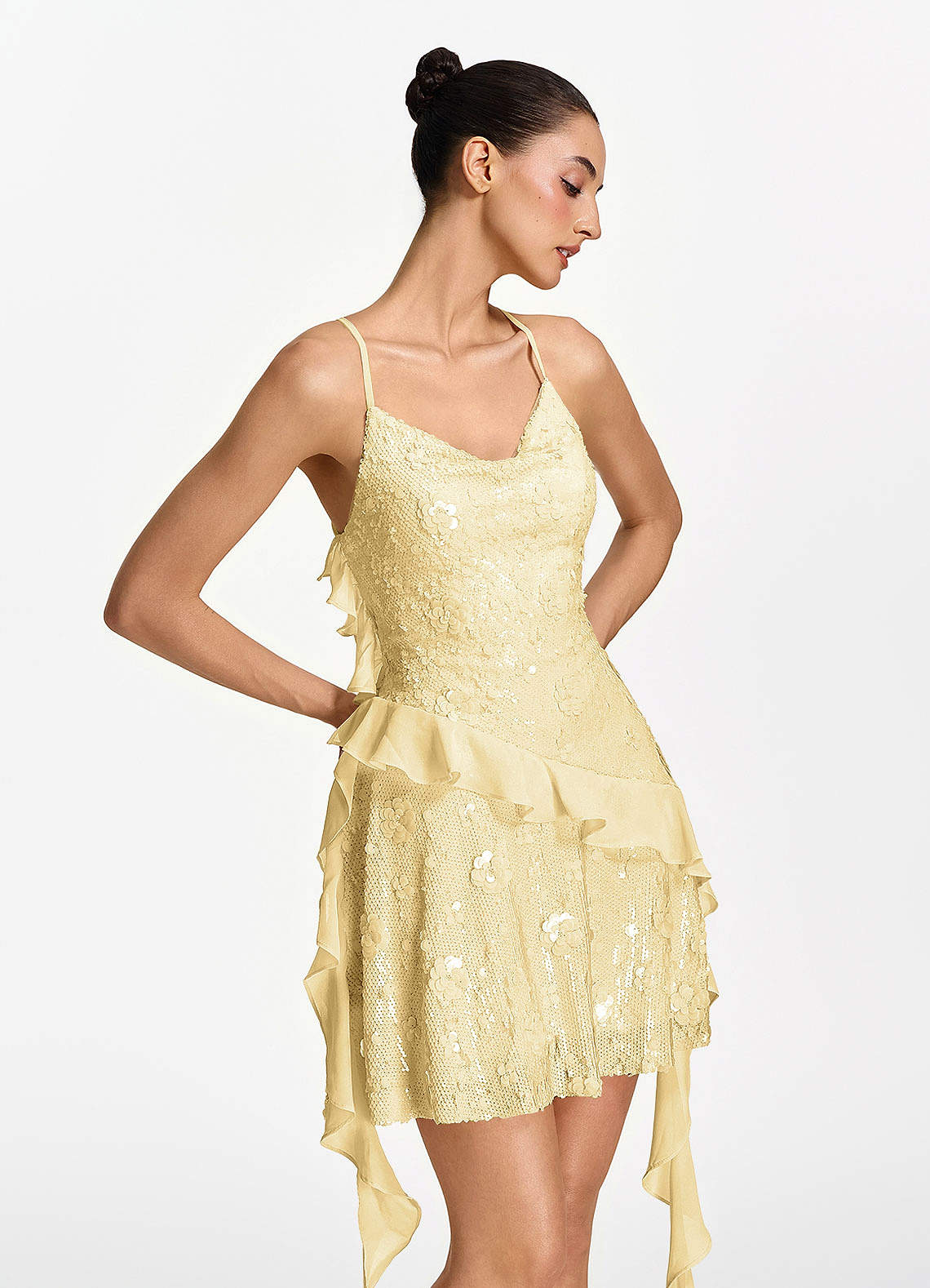 gold sequin high low dress Azazie A-Line Mini Quinceañera Damas Dresses Sequins Lace Up Open Back Sequins Cowl Fabrics_Jersey