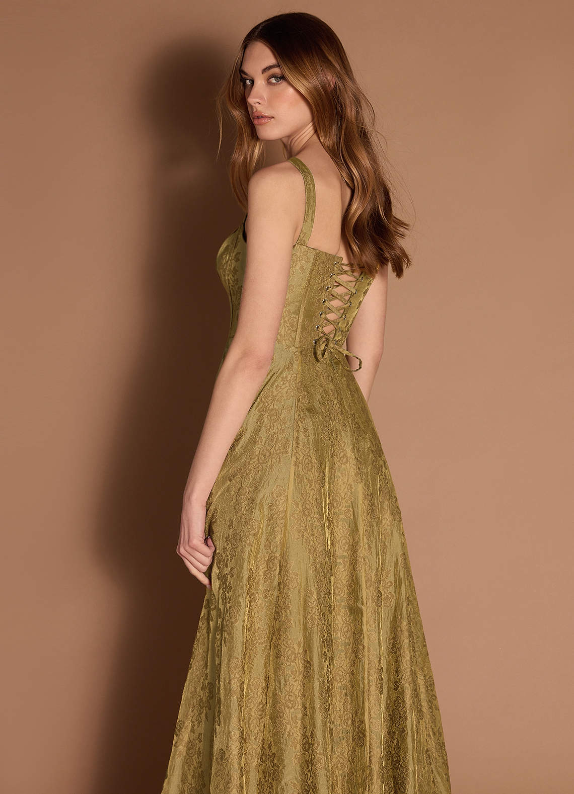 Sahara Honey Lace Up Maxi Dress Ready to Ship | Azazie UK