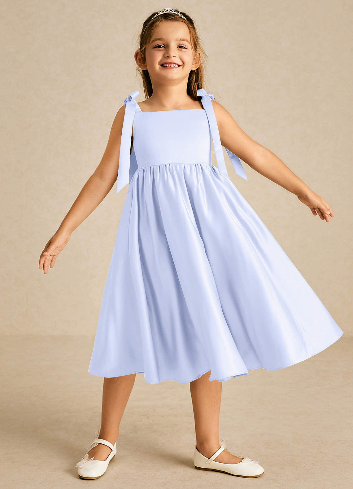 Azazie Chelsie Flower Girl Dresses Lavender A-Line Bow Matte Satin Dress image1