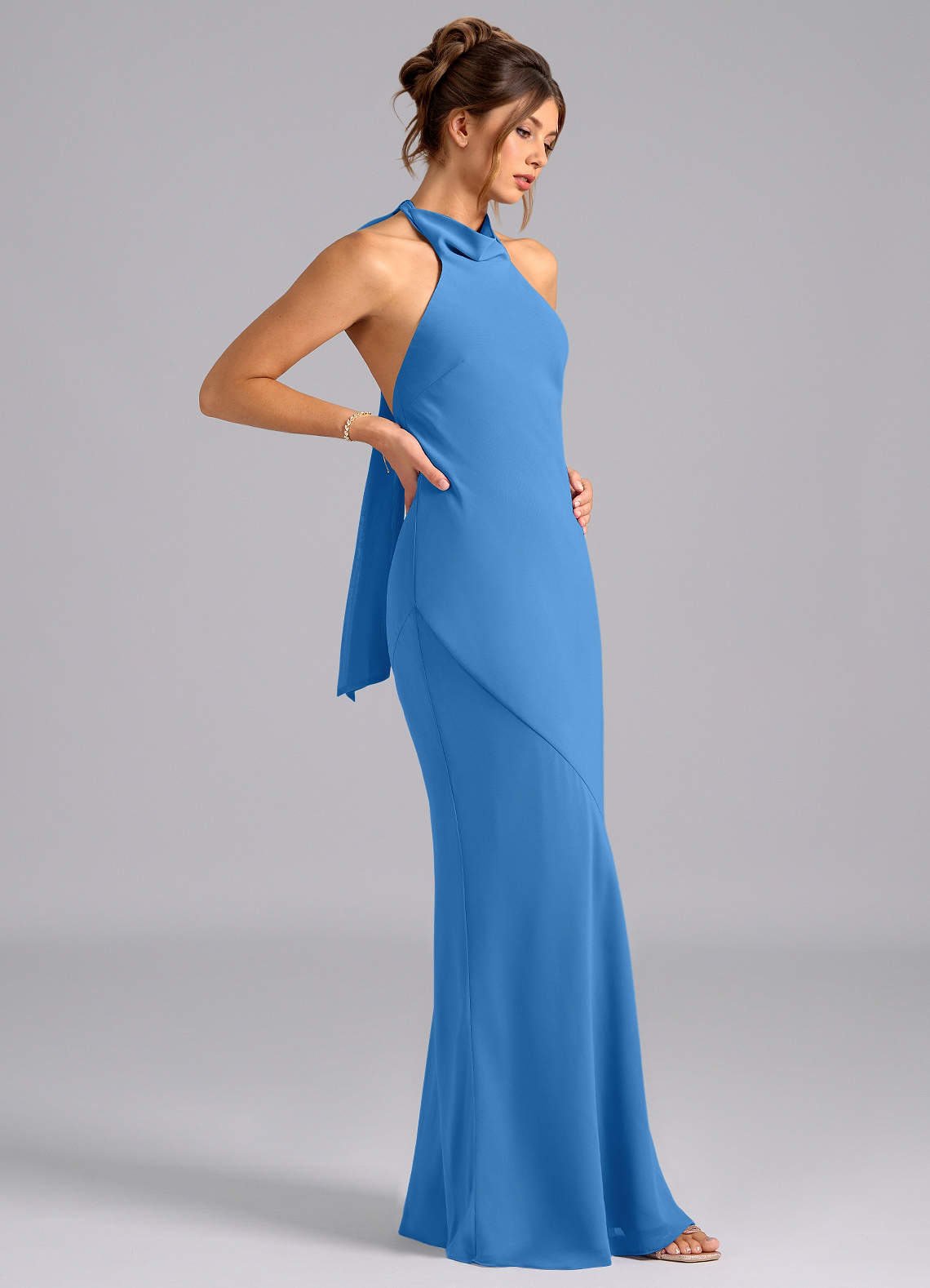Azazie Velli Bridesmaid Dresses Blue Jay Mermaid High Neck Chiffon Dress image3