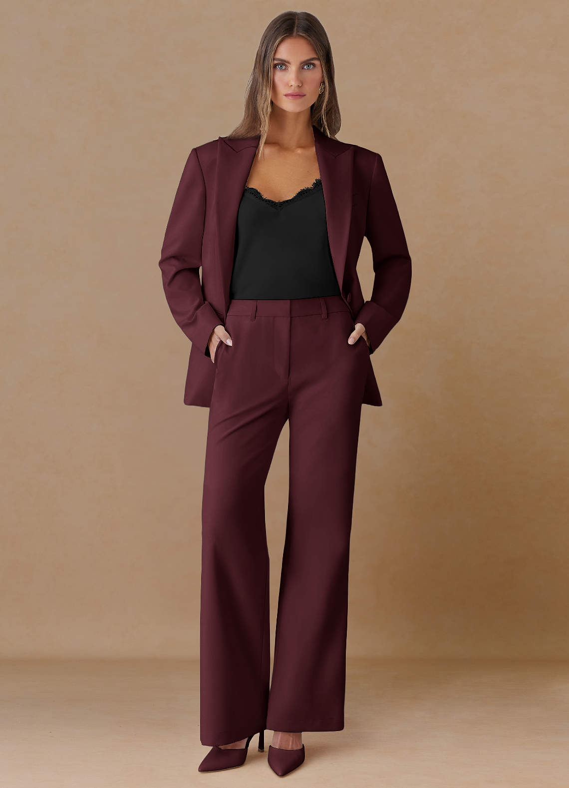 front Marina Cabernet Refined Weave Straight-Leg Pants