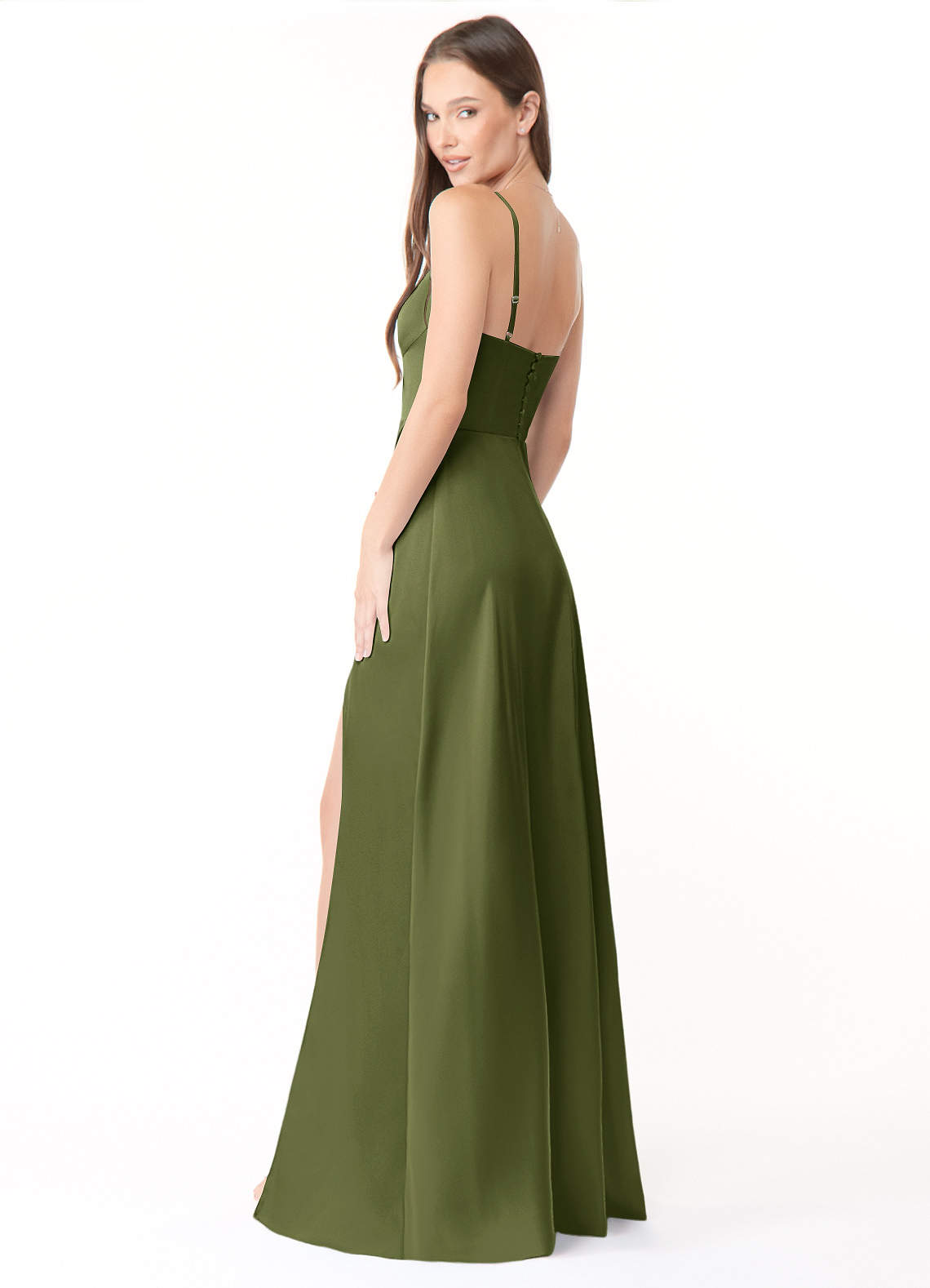 Azazie Halsey Ready to Ship Olive Stretch Satin Bridesmaid Dresses | Azazie