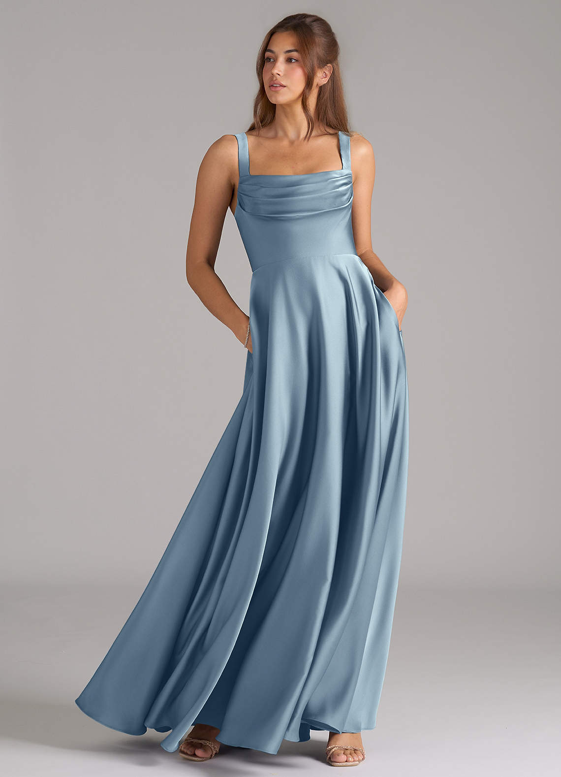 Azazie Shaude Bridesmaid Dresses Dusty Blue A-Line Pleated Stretch Satin Dress image2