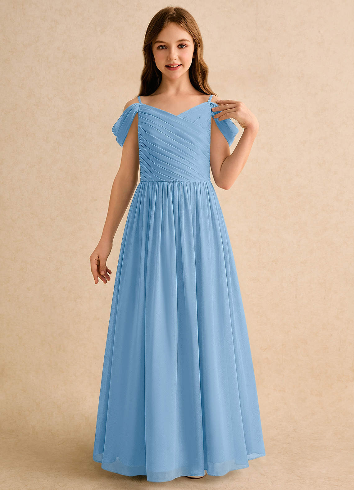 girls blue formal dress Azazie A-Line V-Neck Floor-Length Chiffon Flower Girl Dresses