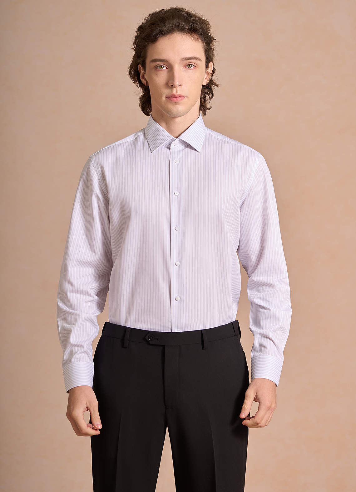 front Aiden Soft Lavender 100% Cotton Non-Iron Striped Dress Shirt