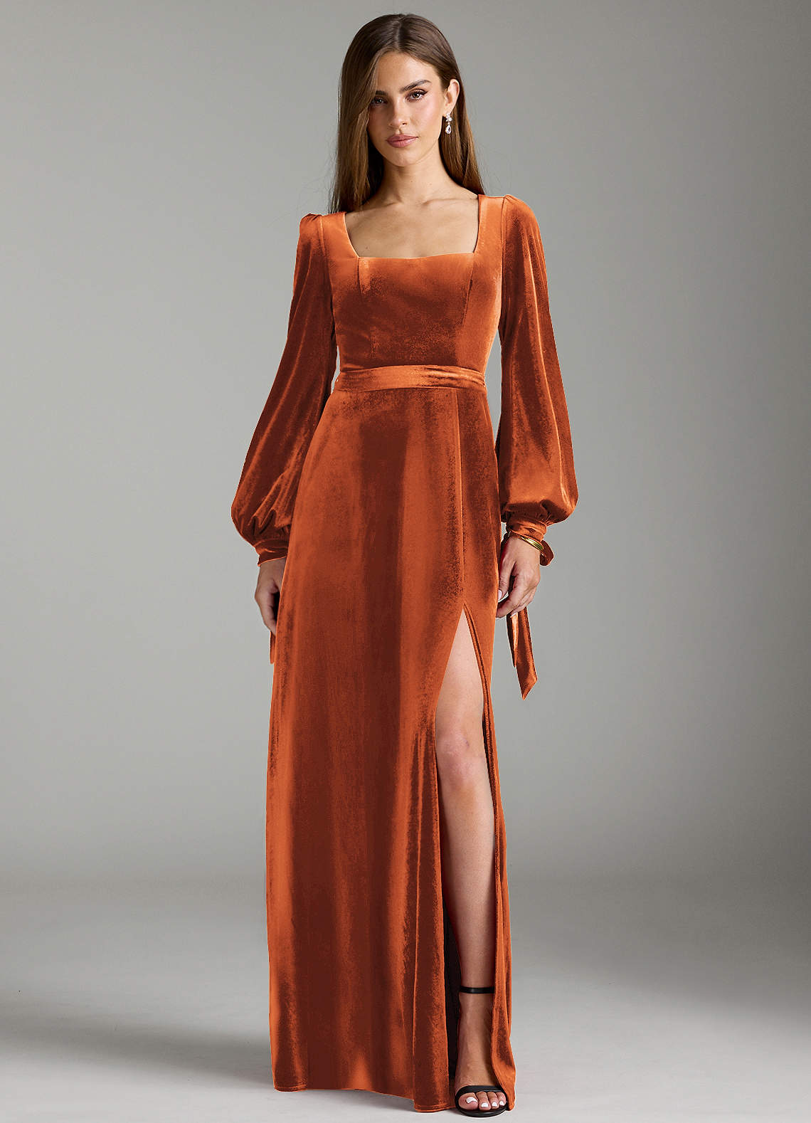 Azazie Leonia Bridesmaid Dresses Burnt Orange A-Line Long Sleeve Velvet Dress image1