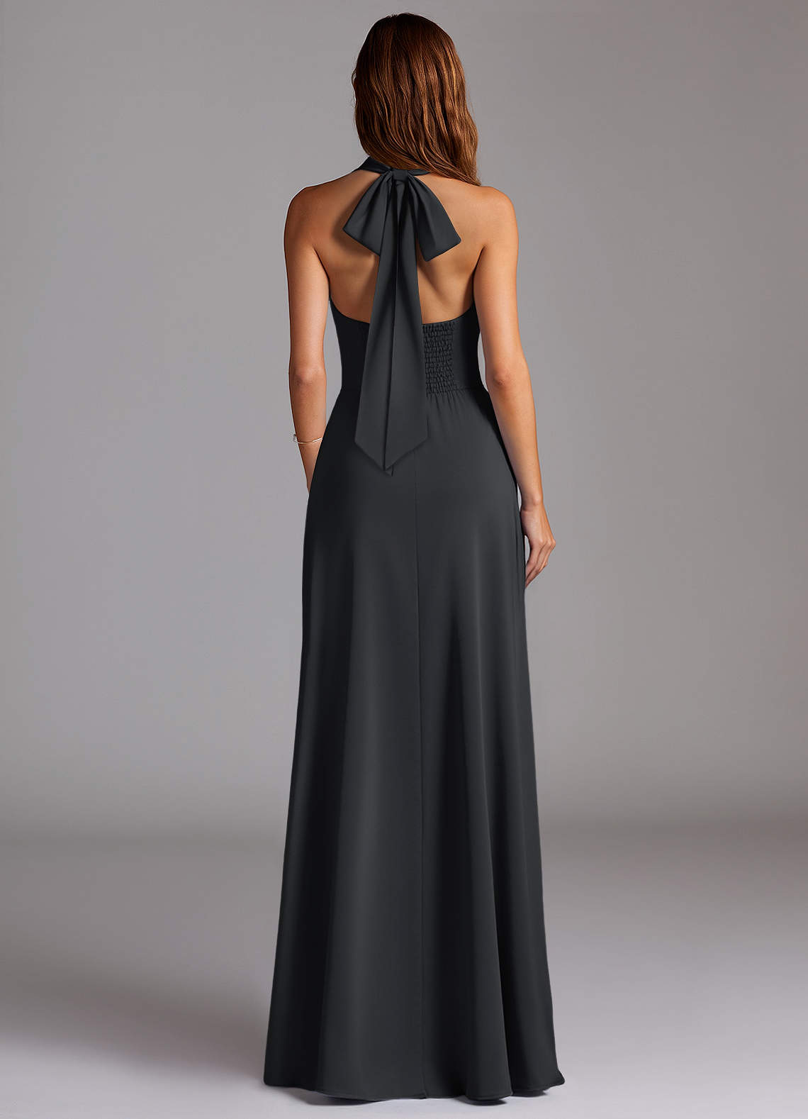 black satin halter bridesmaid dress KissProm