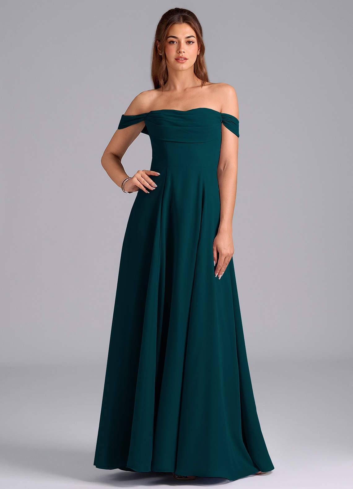 Azazie Almina Bridesmaid Dresses Pine A-Line Off the Shoulder Chiffon Convertible Dress image1