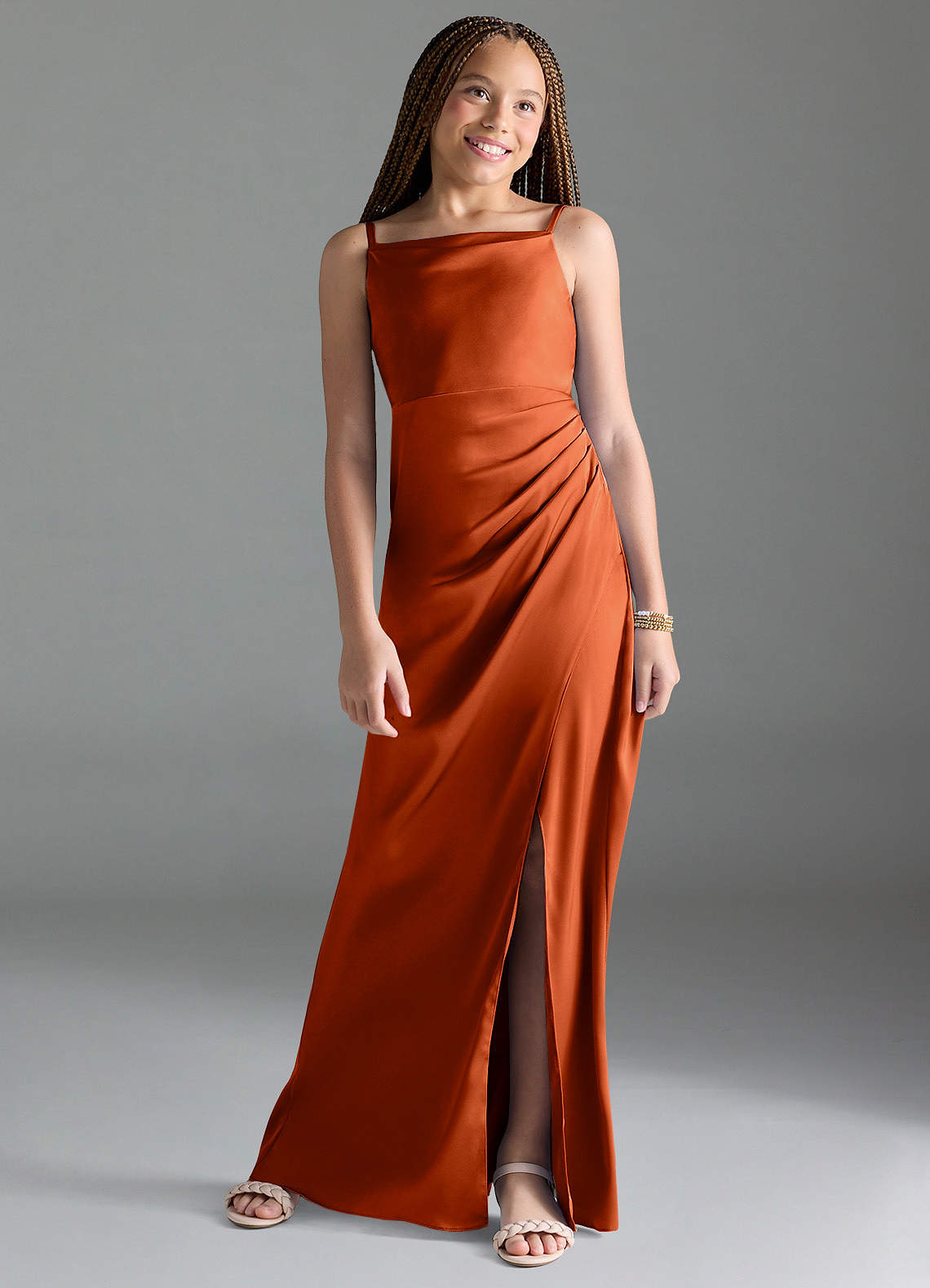 Azazie Leonis Junior Paprika A-Line Pleated Stretch Satin Dress image1