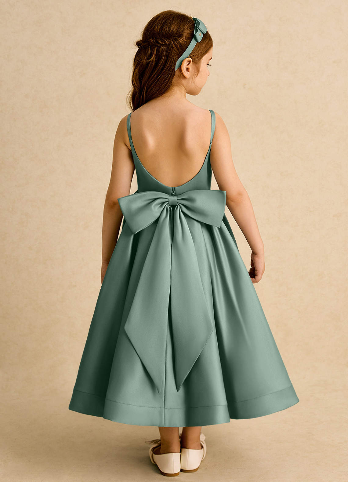 Azazie Babs Flower Girl Dresses Eucalyptus Ball-Gown Pleated Matte Satin Dress image5