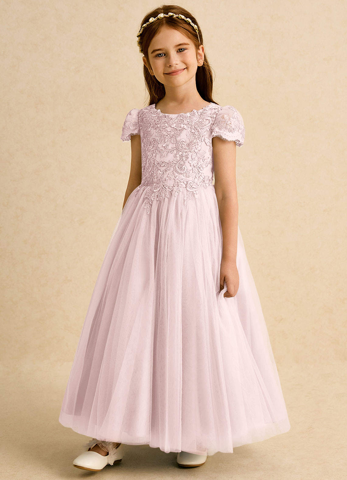 Azazie Puff Flower Girl Dresses Blushing Pink Ball-Gown Lace Tulle Dress image4