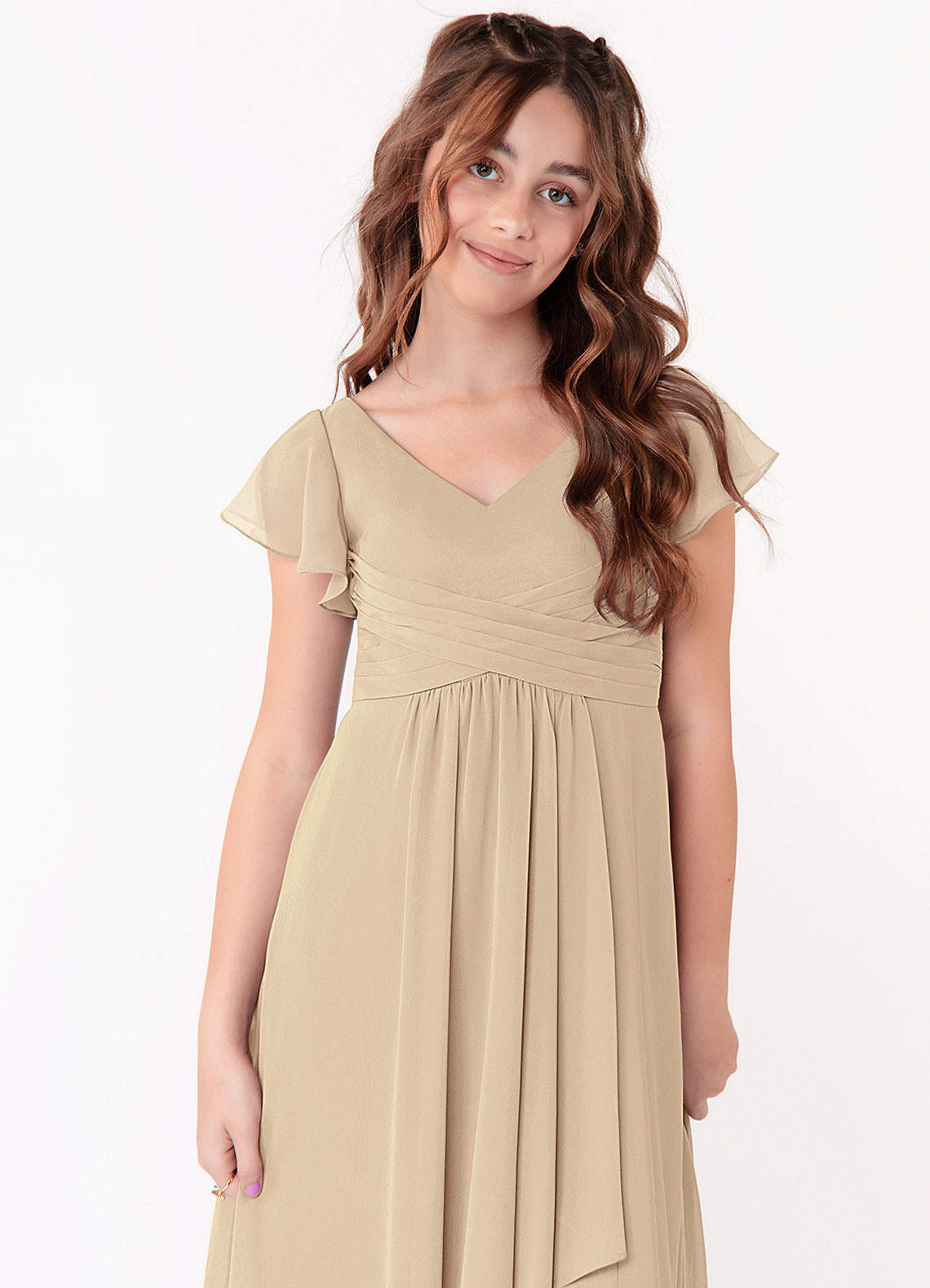 Azazie Omari Junior Vestir Champanhe de Chiffon de Linha A com Ruched image3