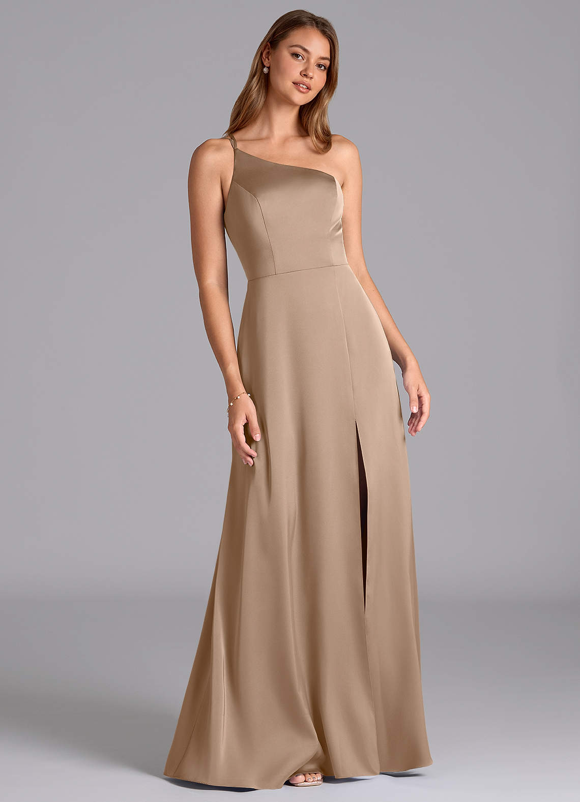 Azazie Trina Bridesmaid Dresses Taupe A-Line One Shoulder Stretch Satin Dress image1