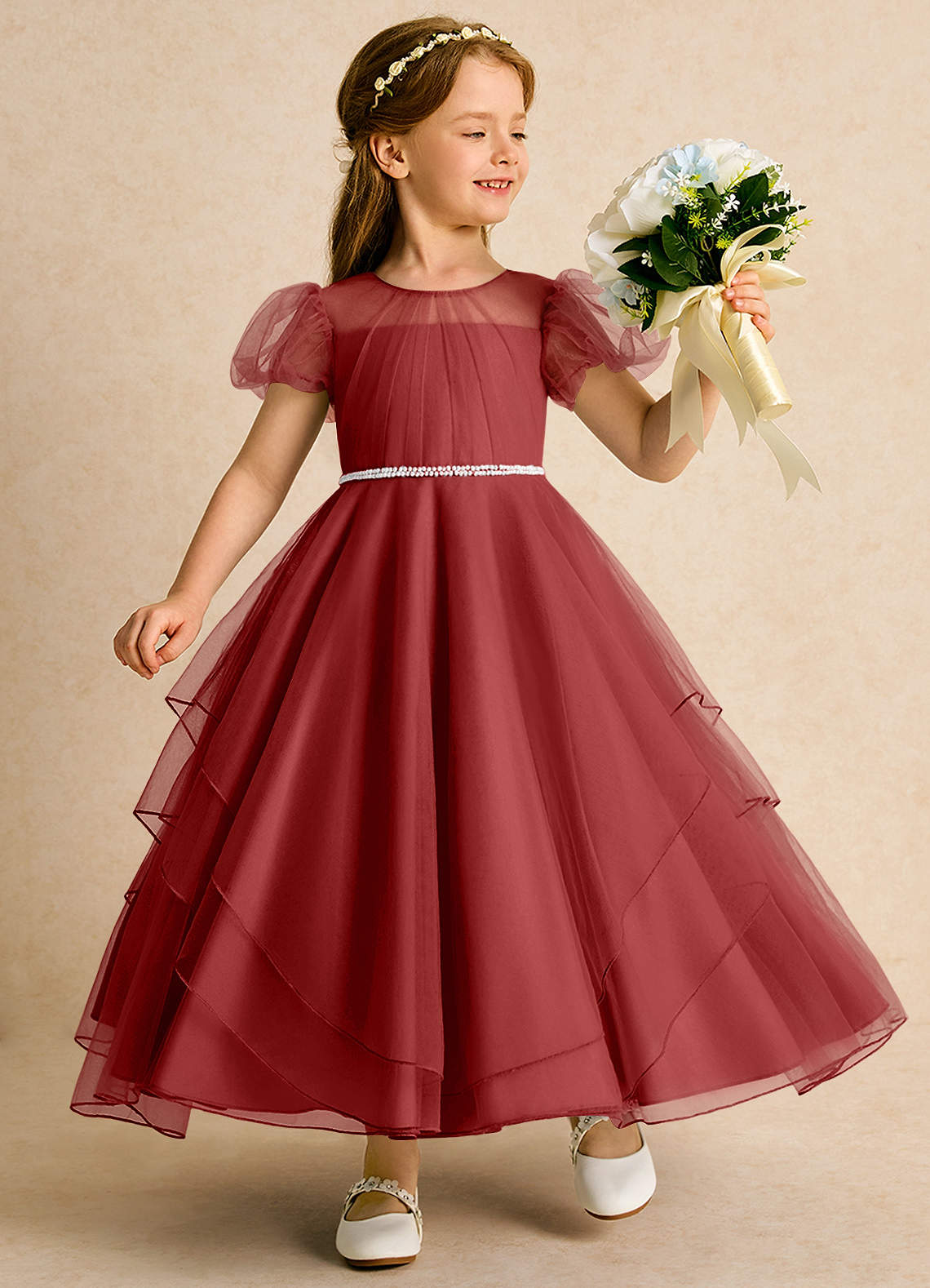 Azazie Duckie Abiti da Ragazza di Fiori Abito Principessa in Tulle Plissettato Ruggine image1
