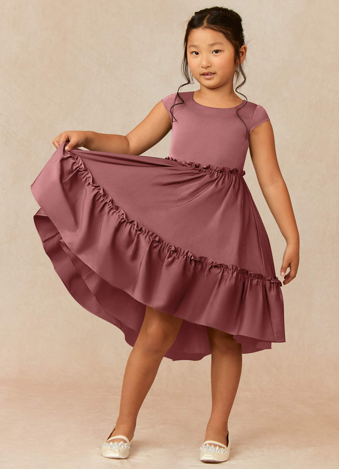 Azazie Lee vestidos de niña de las flores Vestido de Amatista de Satén Elástico de Corte En A con Lazo image1