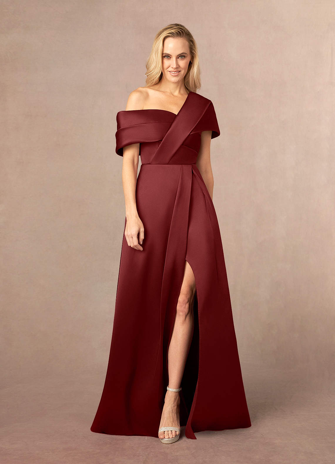 Azazie Marissa At-home Try On Dresses Burgundy A-Line Pleated  Mikado Dress image1