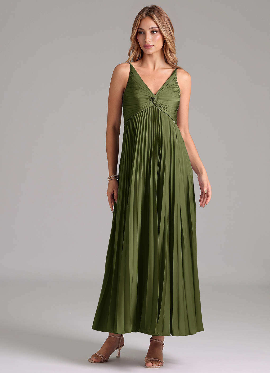 Azazie Raychelle Bridesmaid Dresses Olive A-Line Pleated Stretch Satin Dress image1