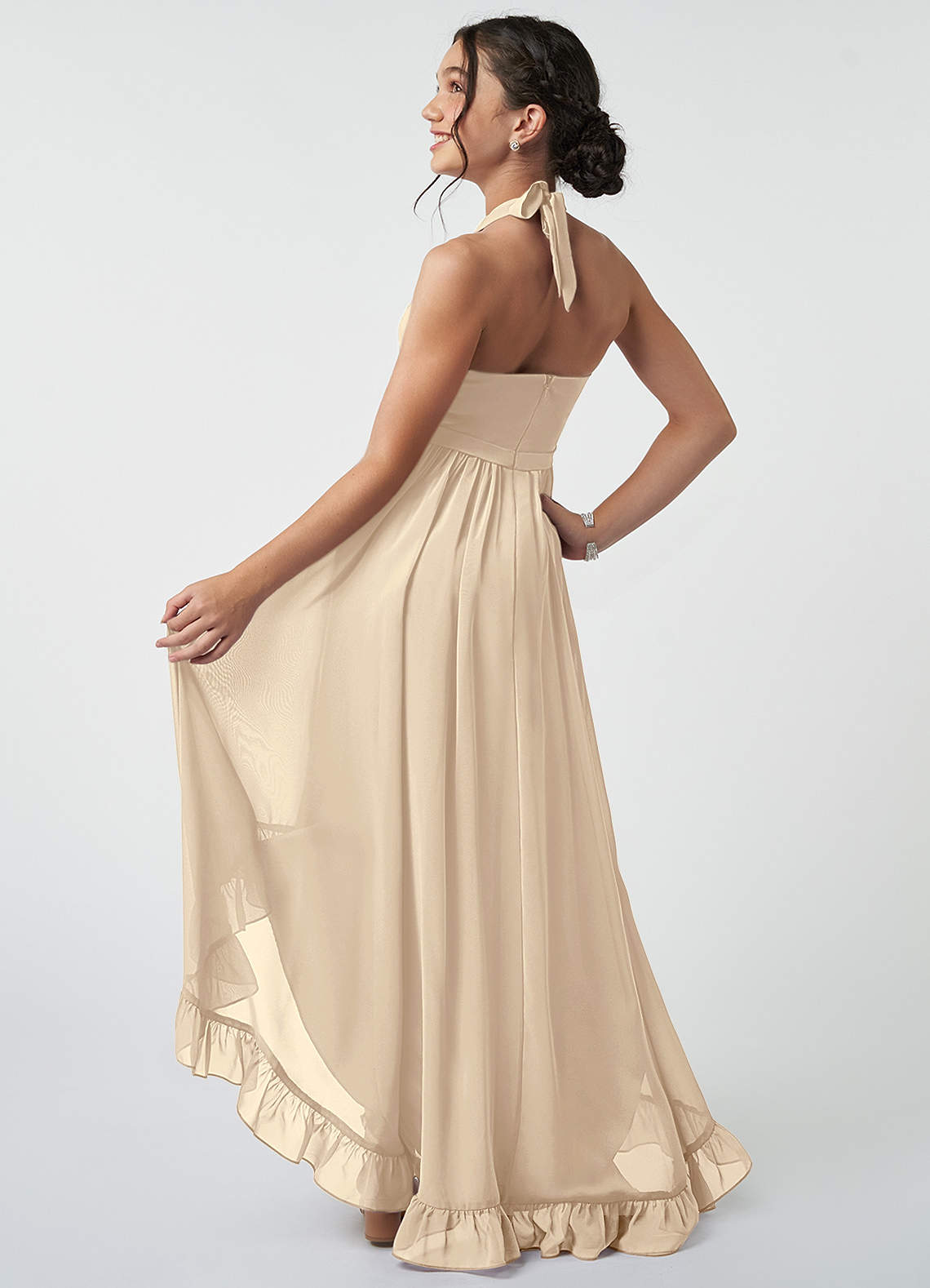 Halter Pleated Chiffon A-line Junior Bridesmaid Dress Champagne