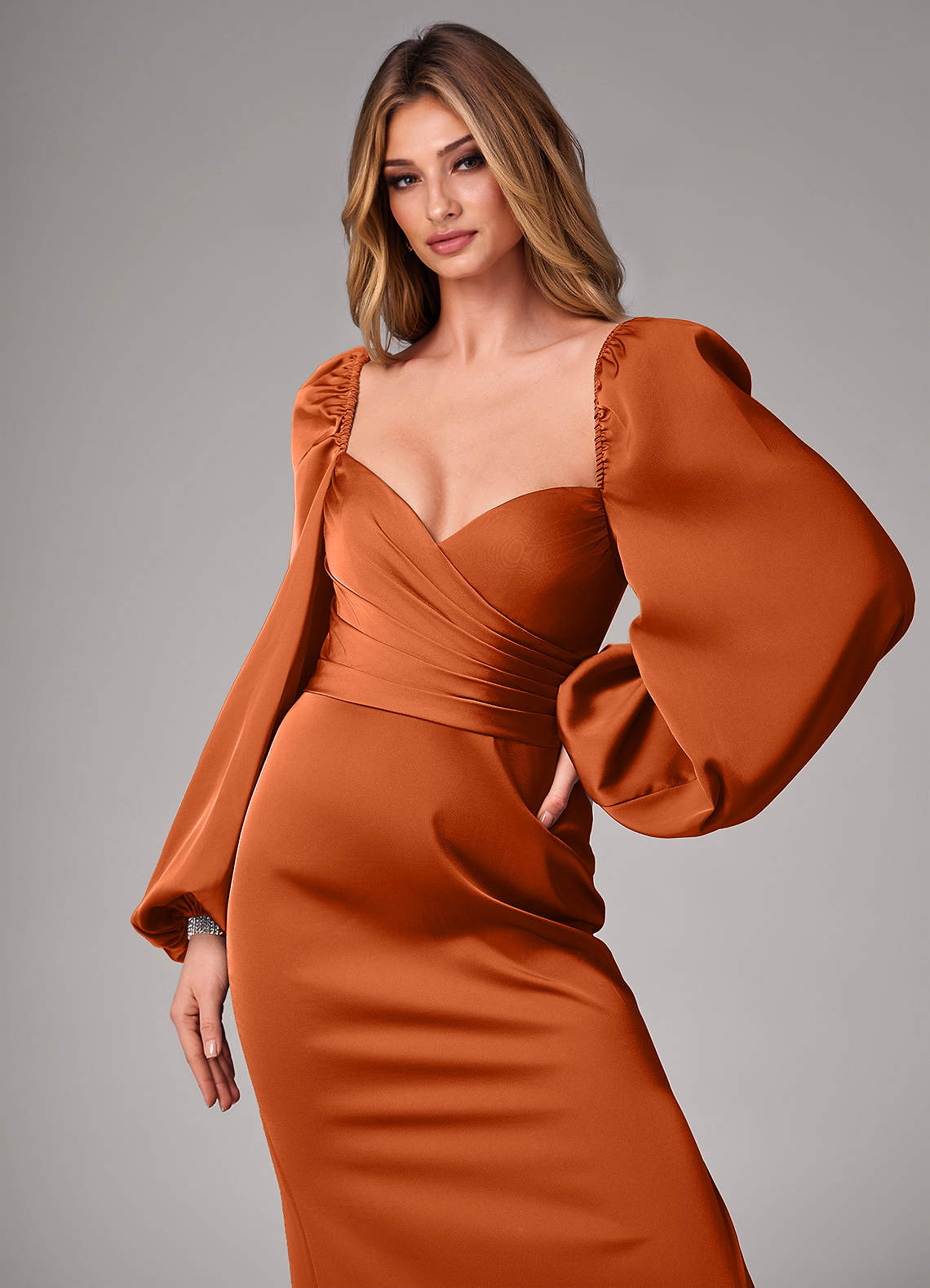 Azazie Sonata Ready to Ship Burnt Orange Stretch Satin Bridesmaid Dresses |  Azazie
