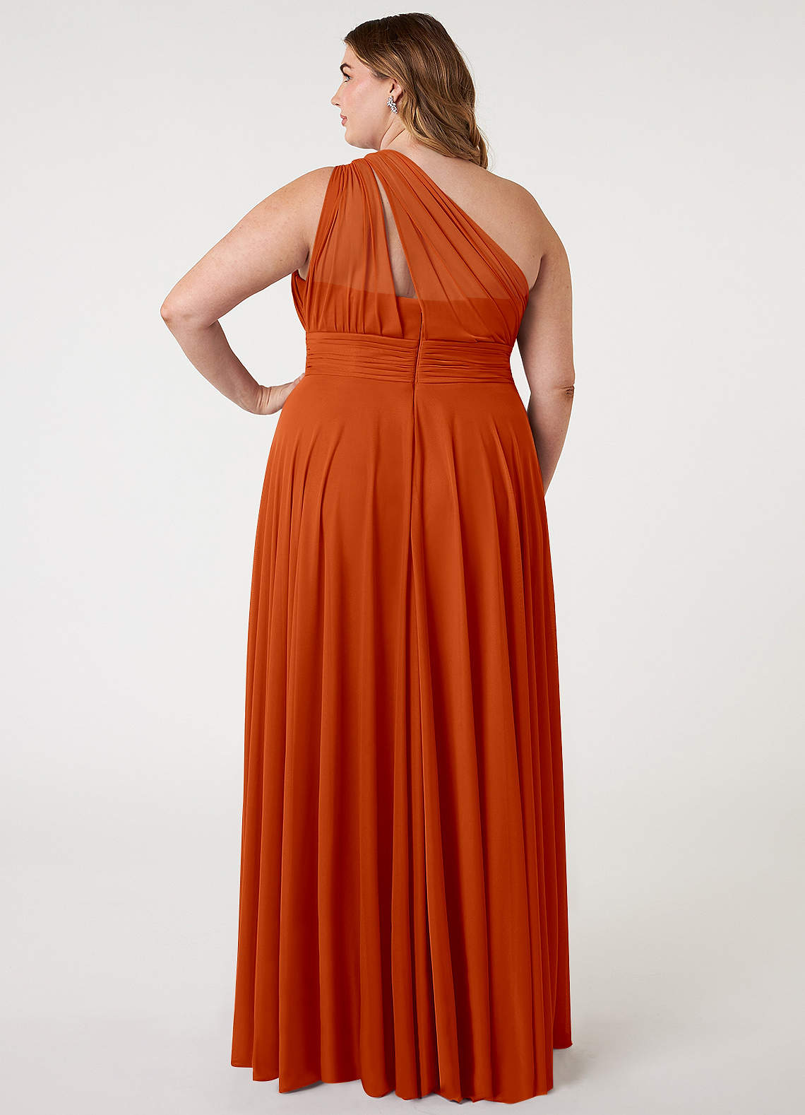Azazie Charlize Bridesmaid Dresses Paprika A-Line One Shoulder Mesh Dress image6
