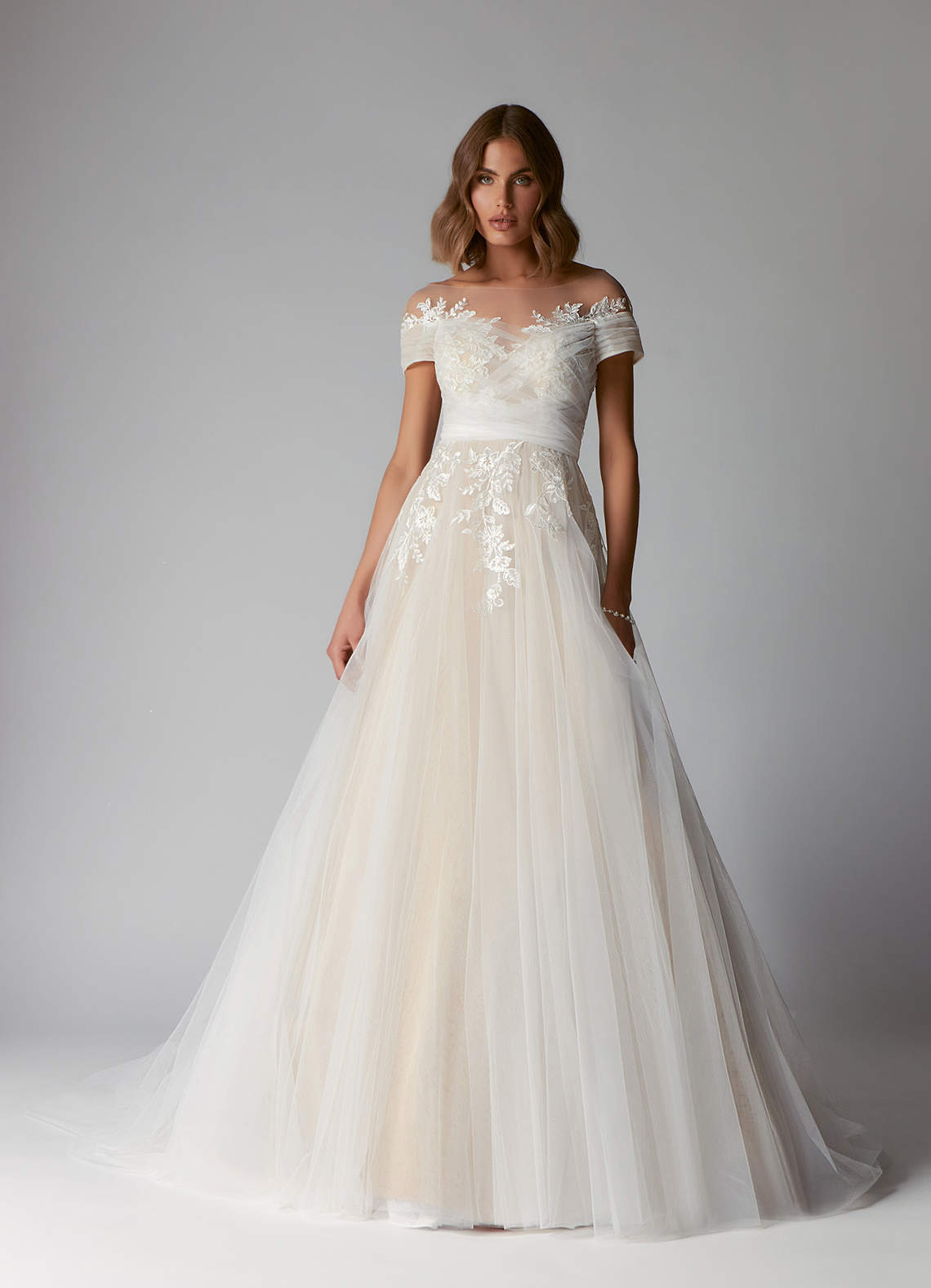 Azazie Cindy Wedding Dresses Diamond White Champagne A-Line Illusion Off-The-Shouler Lace Tulle Dress image4