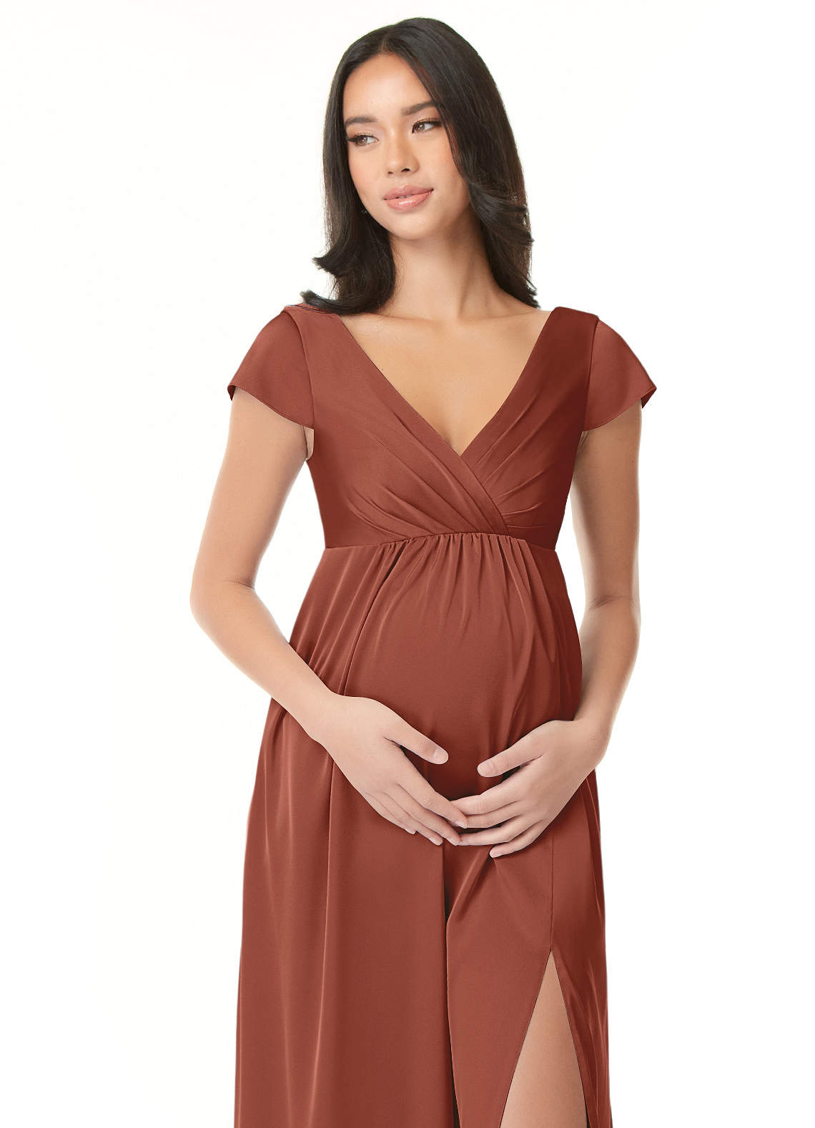 Azazie Allessia Maternity Bridesmaid Dresses A-Line Pleated Stretch Satin Floor-Length Dress image4