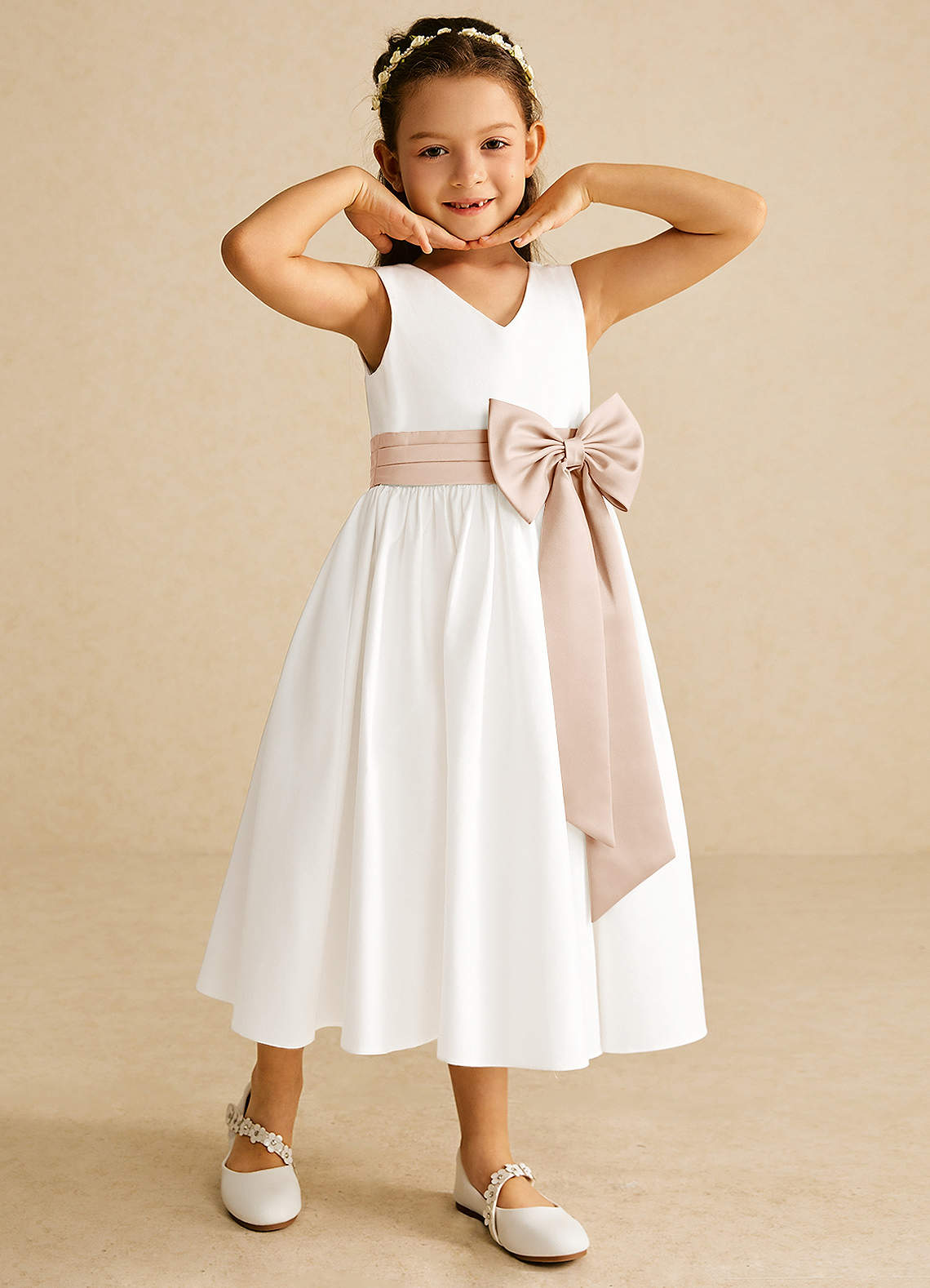 Azazie Darling Flower Girl Dresses Ivory English Rose A-Line Bow Cotton Dress image1
