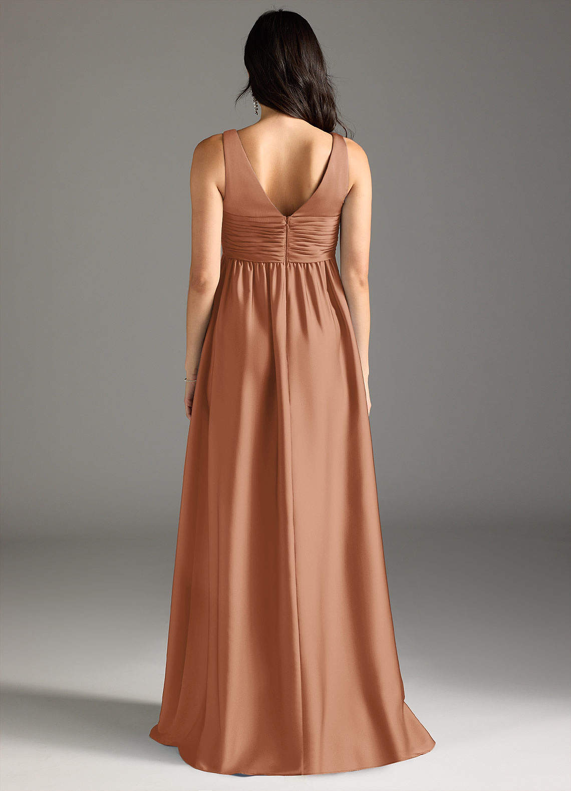 Azazie Yetta At-home Try On Dresses A-Line Pleated Stretch Satin Floor-Length Dress image6