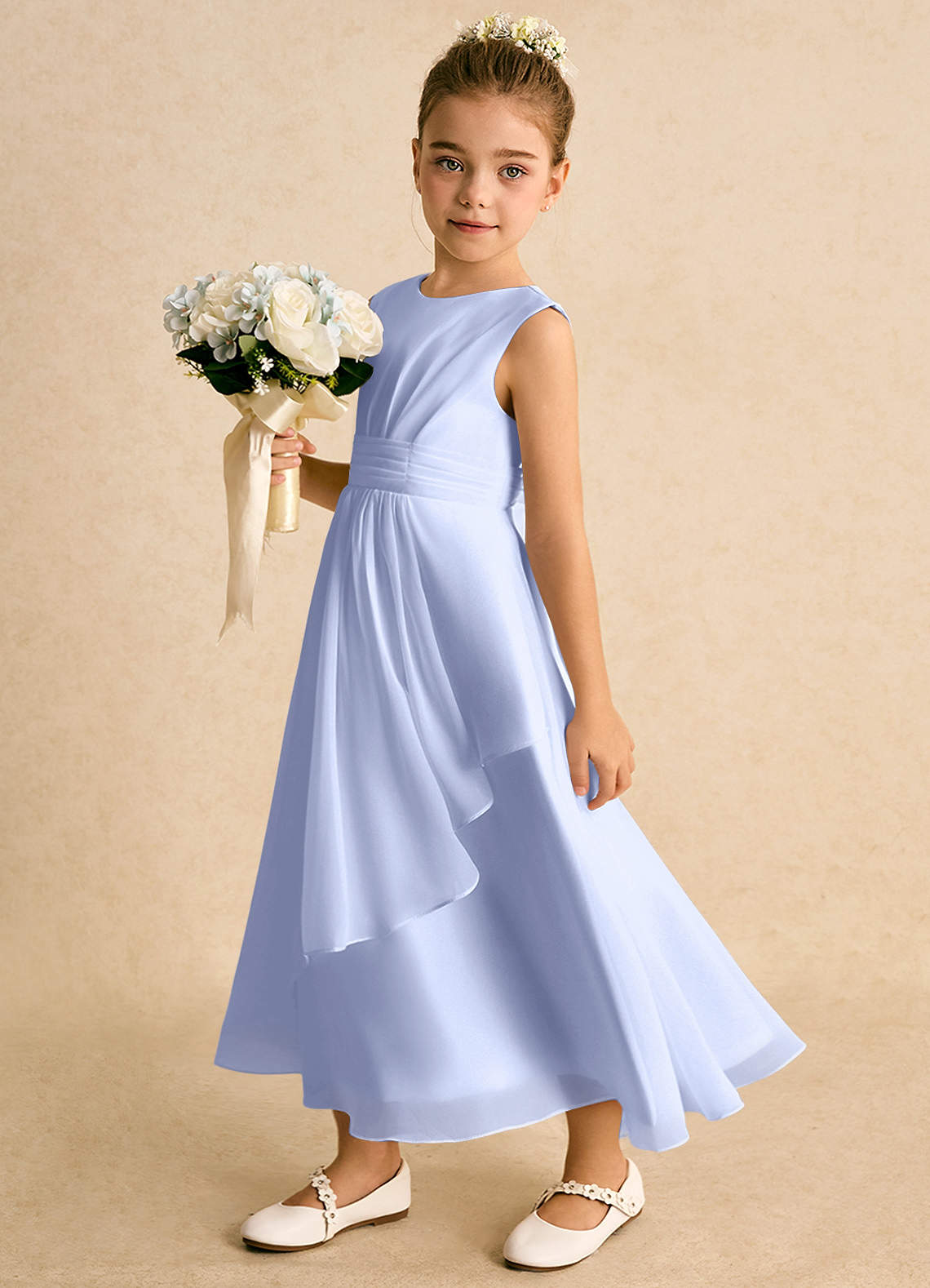 Azazie A-Line/Princess Scoop Neck Ankle-Length Chiffon Flower Girl Dresses - Ice