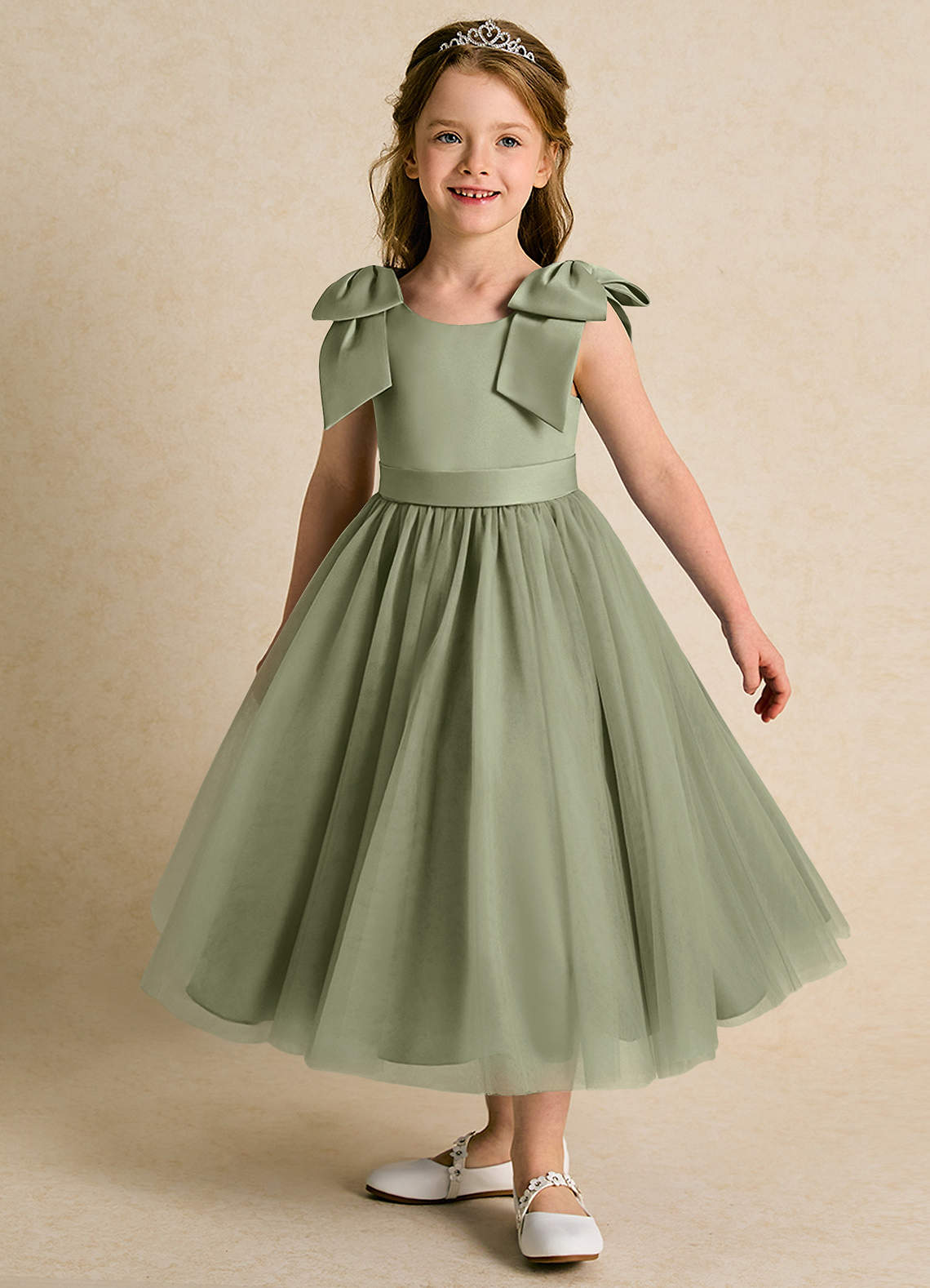 Azazie Serene Flower Girl Dresses Pistachio Ball-Gown Bow Matte Satin Dress image1