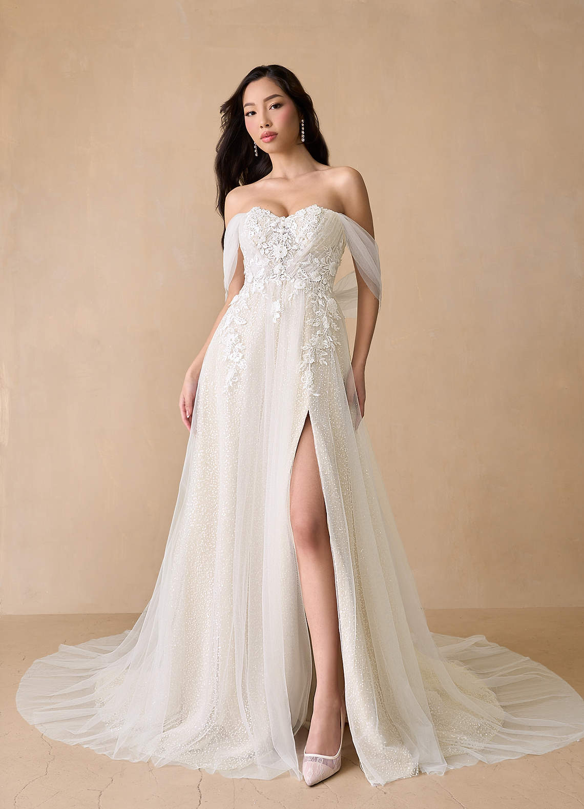 Azazie Seradine Wedding Dresses Diamond White Champagne A-Line Off the Shoulder Beading Dress image1